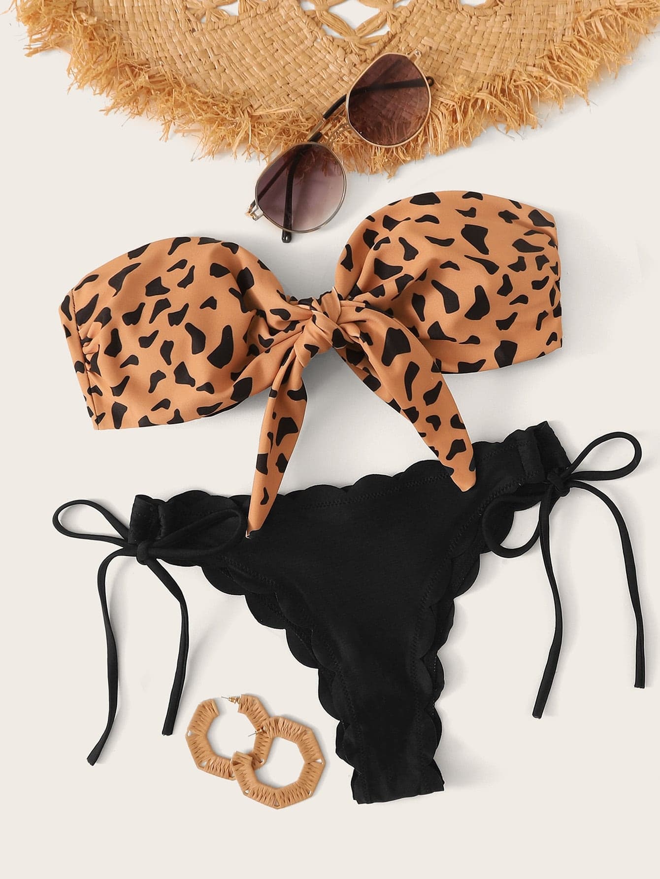 SHEIN Swim Vcay Set de bikini bandeau con nudo delantero de leopardo