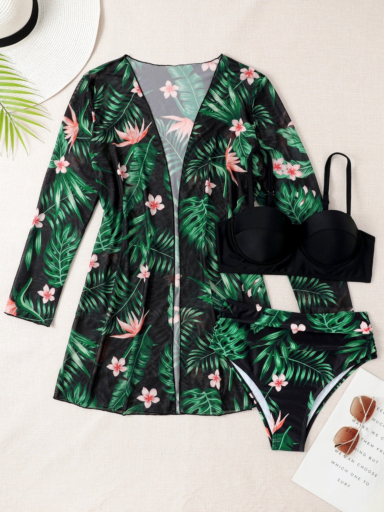 SHEIN Swim Vcay Conjunto de bikini con estampado tropical, sujetador push up, braguita de bikini hipster y traje de baño de 3 piezas tipo kimono