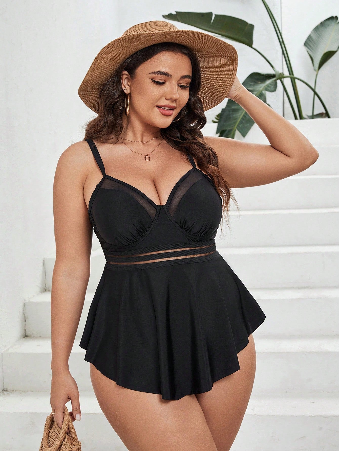 SHEIN Swim Curve Bañador bikini de malla en contraste bajo con fruncido
