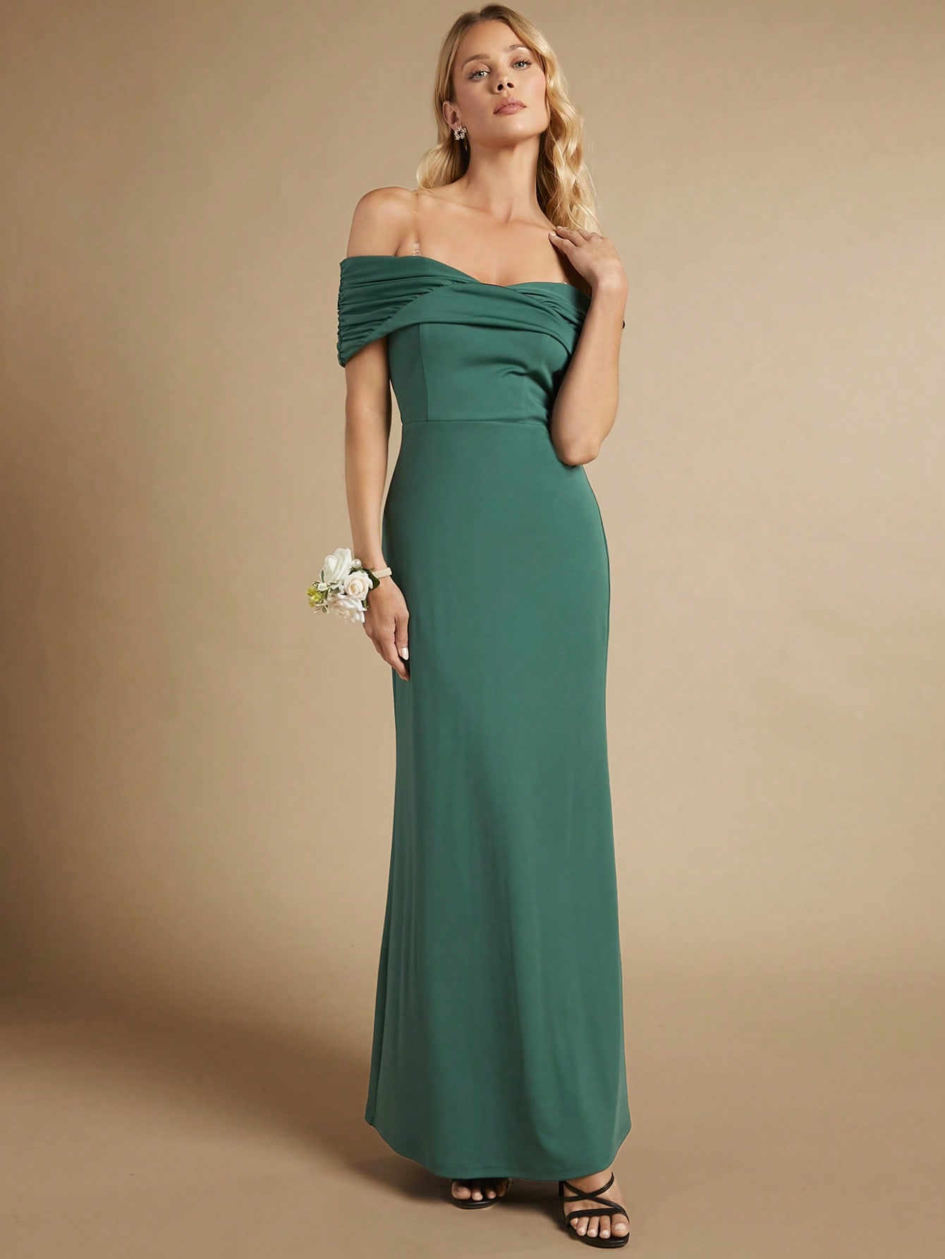 SHEIN Belle Vestido de dama de honor de hombros descubiertos fruncido delantero bajo sirena con tiras transparentes