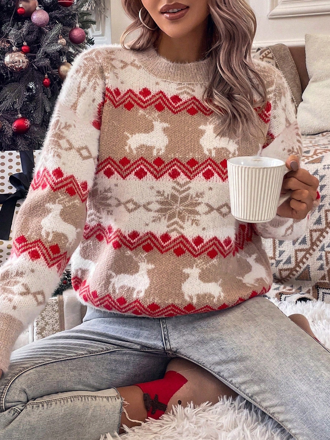 SHEIN LUNE Jersey con patrón de Navidad de hombros caídos