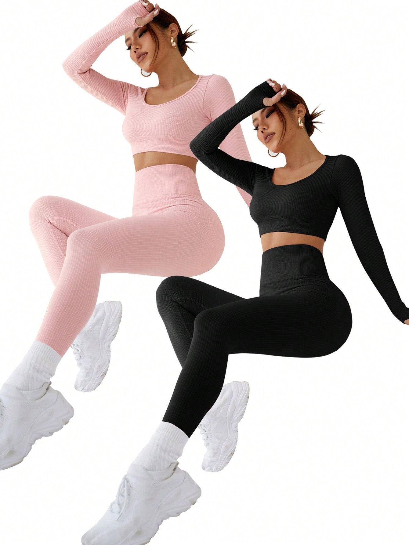 SHEIN Sport Studio 2 piezas Conjunto deportivo inconsútil con estiramiento alto agujeros para pulgares