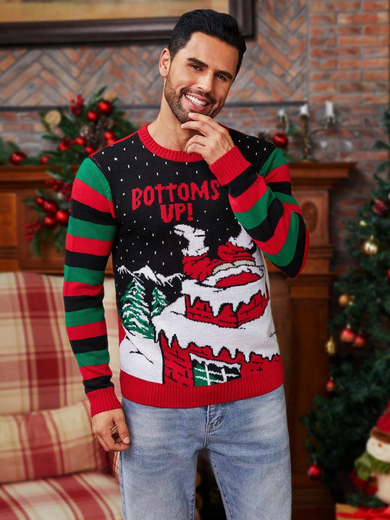 Manfinity Homme Hombres Jersey con patrón de Navidad de rayas