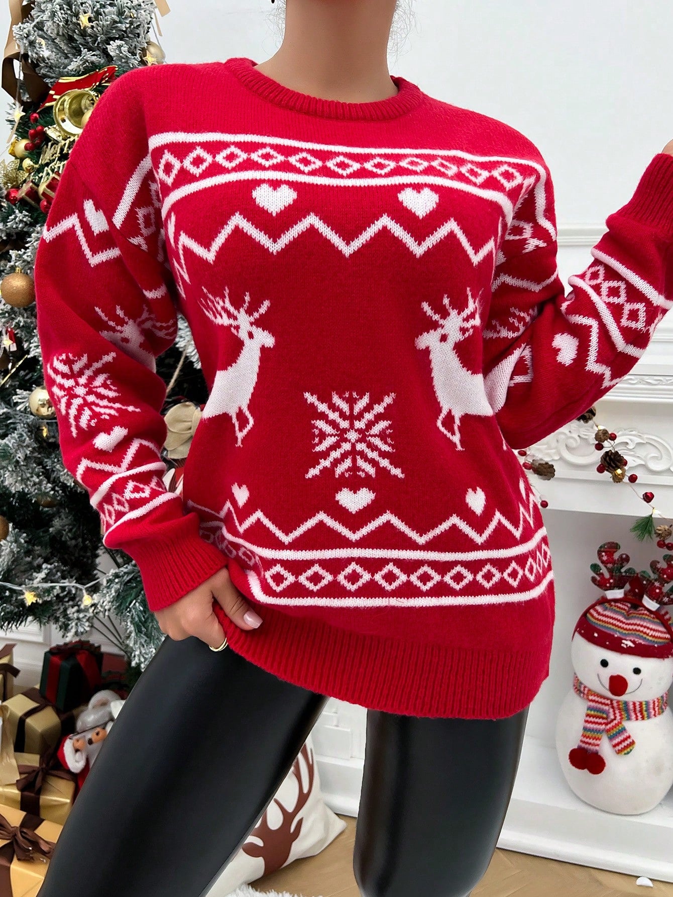 SHEIN Essnce Jersey con patrón de Navidad de hombros caídos