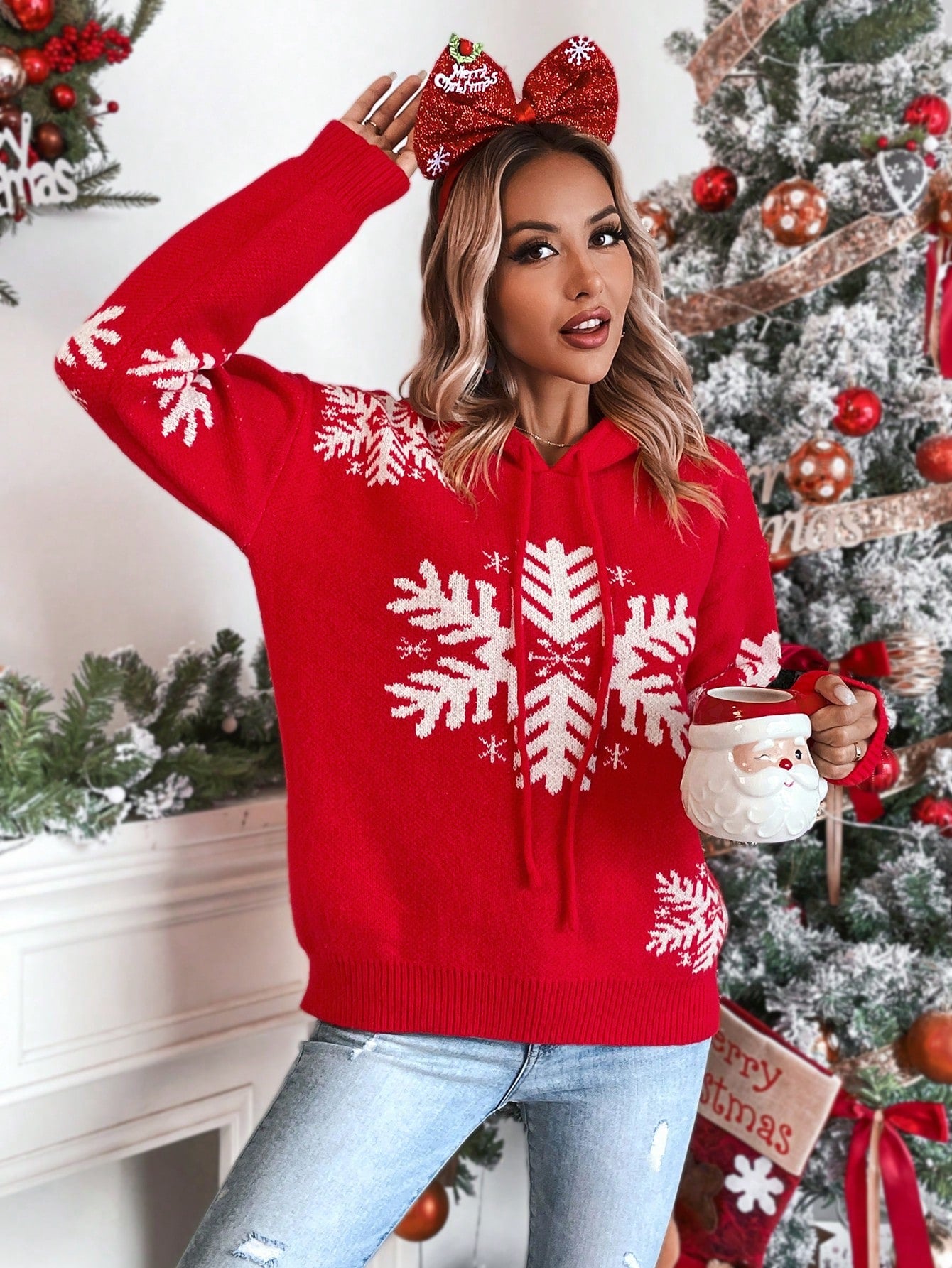 SHEIN LUNE Jersey con patrón de copo de nieve de hombros caídos con cordón con capucha