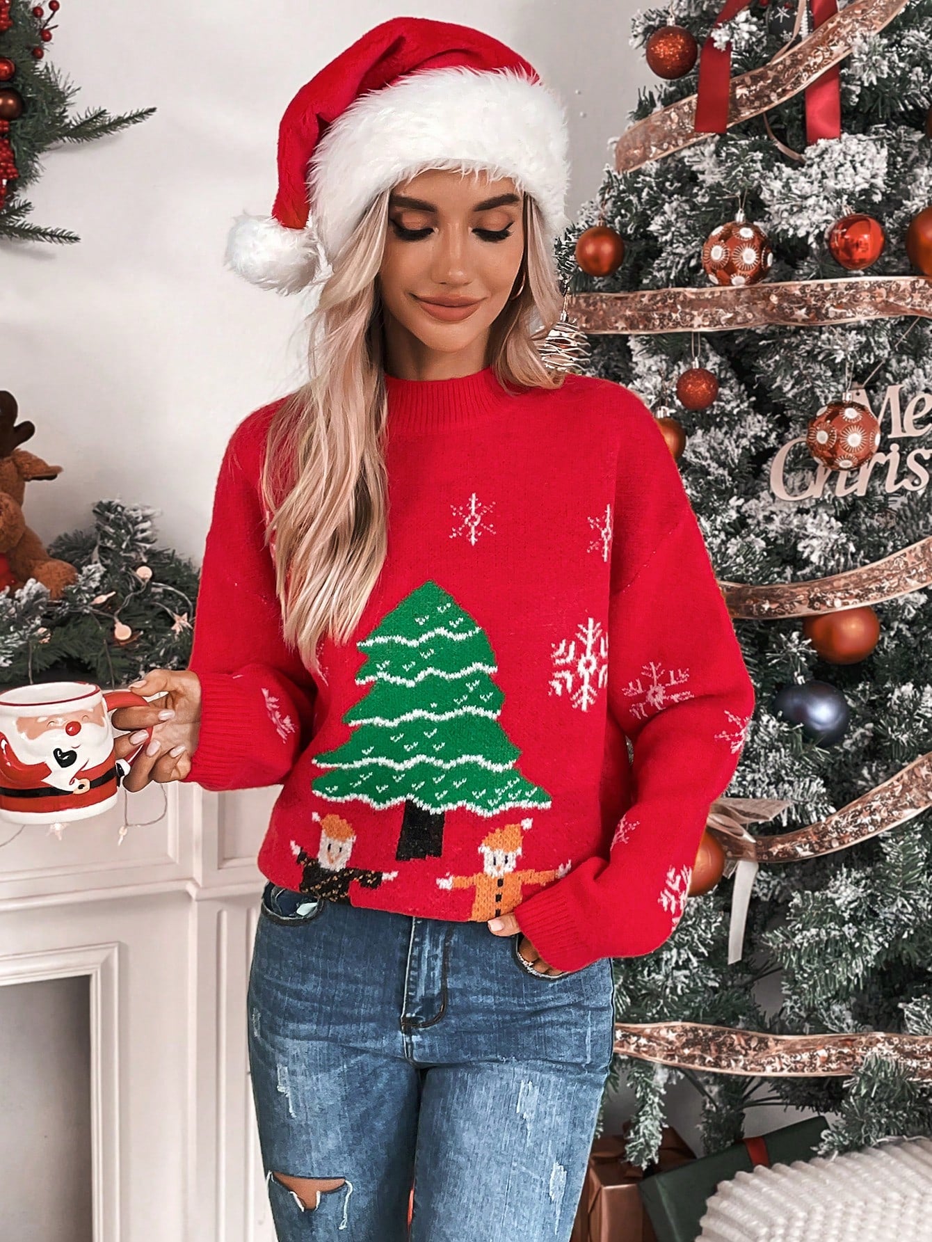 SHEIN Essnce Jersey con patrón de Navidad de hombros caídos