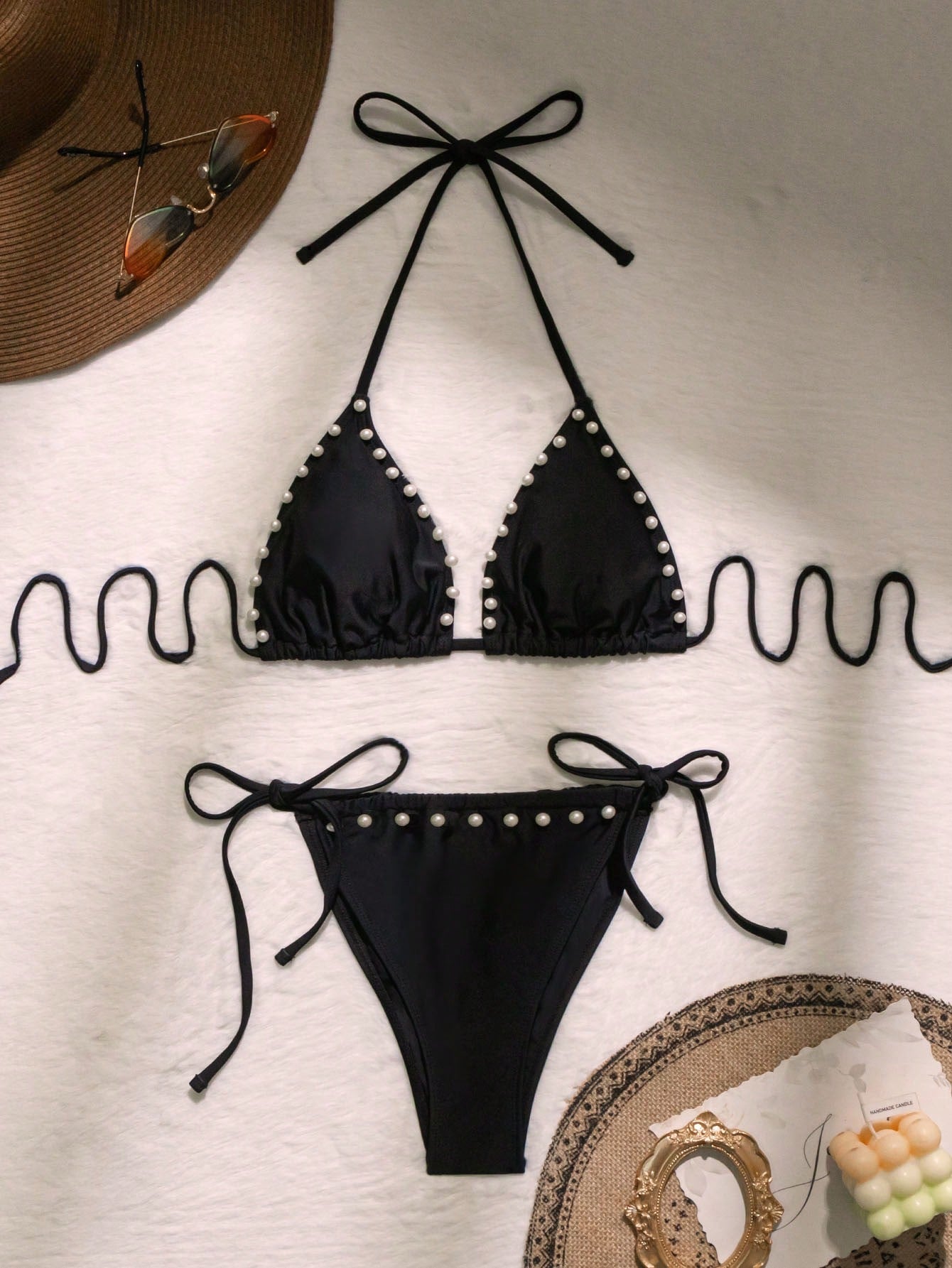 SHEIN SHEIN Swim Chicsea Bañador bikini triángulo halter con cuenta de perla