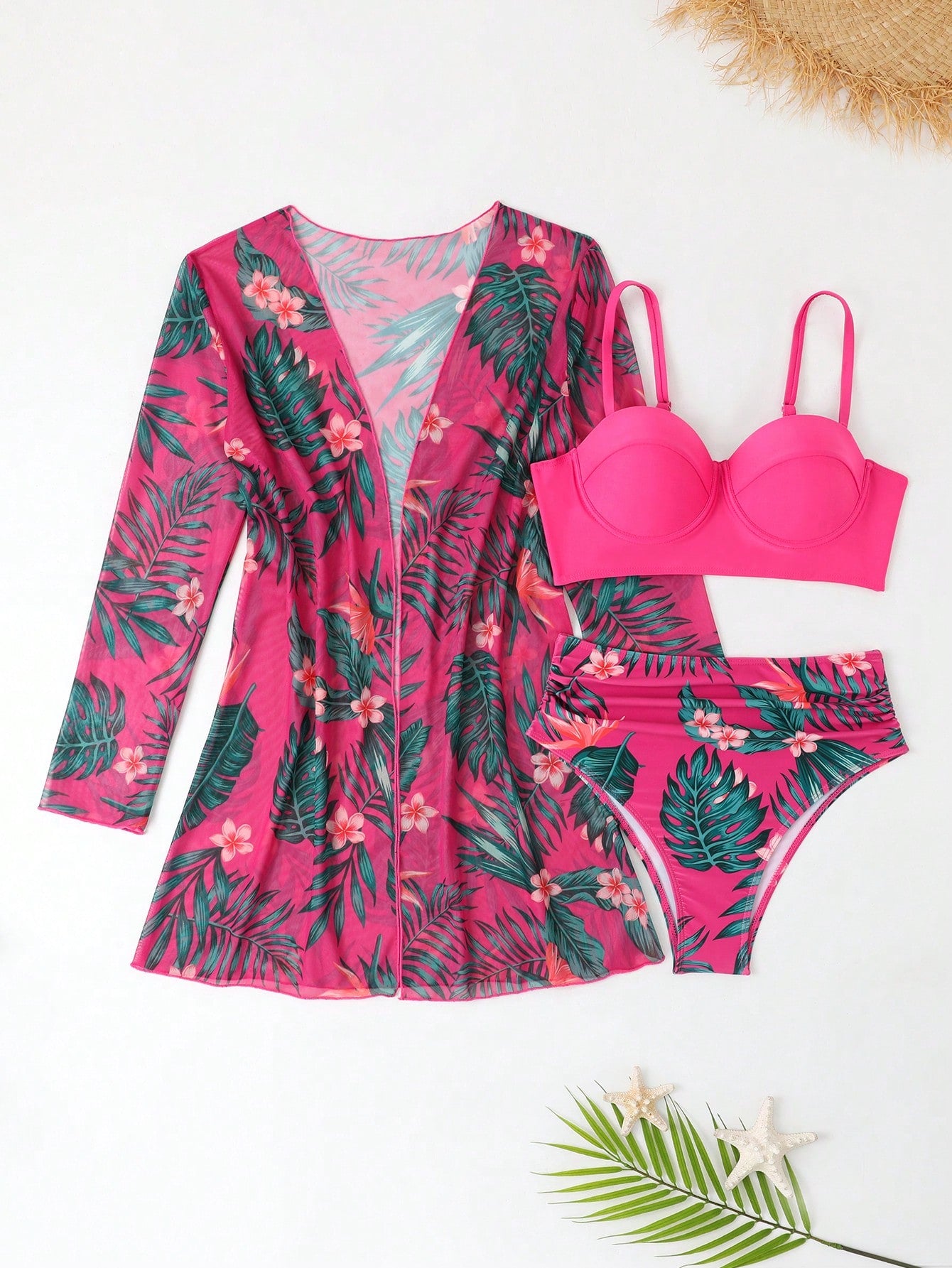 SHEIN Swim Vcay 3 piezas Set de bikini Sujetador push up con estampado tropical & Bragas hipster & Kimono