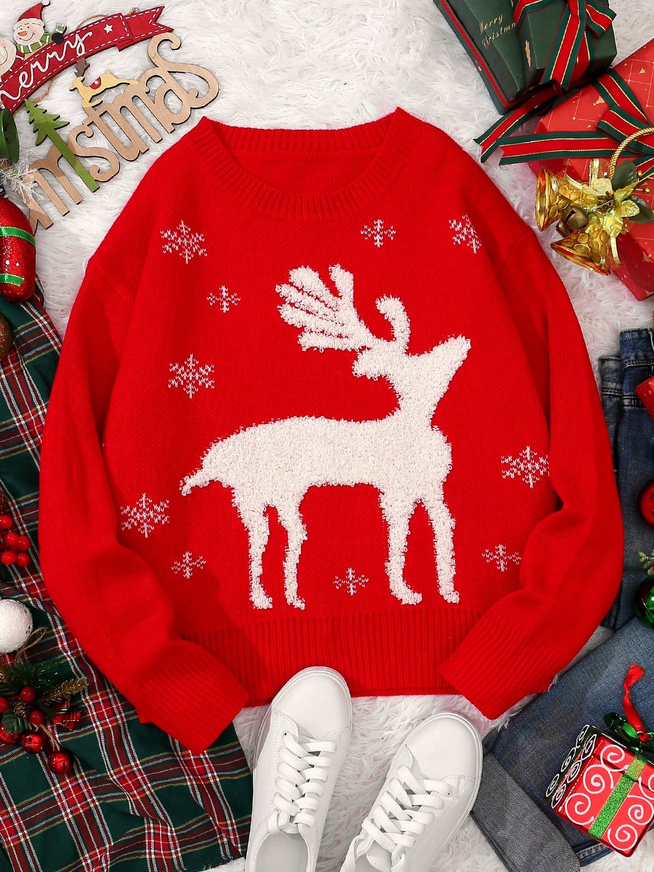 Jersey alce de Navidad & con patrón de copo de nieve de hombros caídos