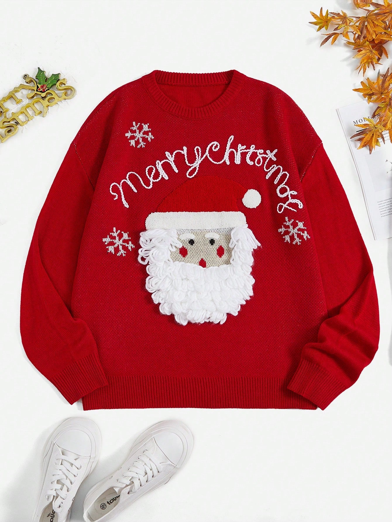 SHEIN EZwear Suéter Navideño Con Patrón De Santa Claus Y Carta De Hombro Caído