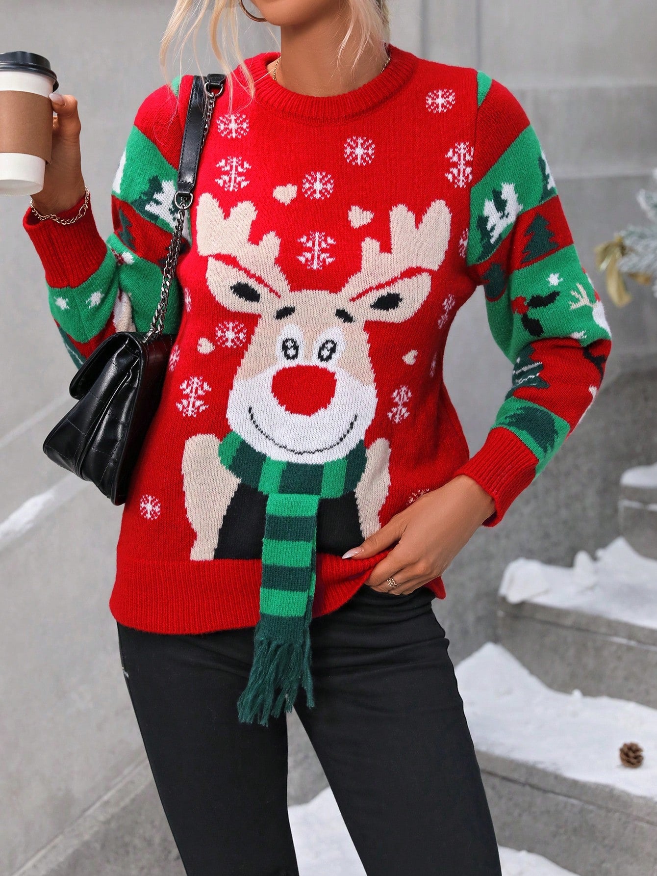 SHEIN Frenchy Jersey con patrón de Navidad de hombros caídos