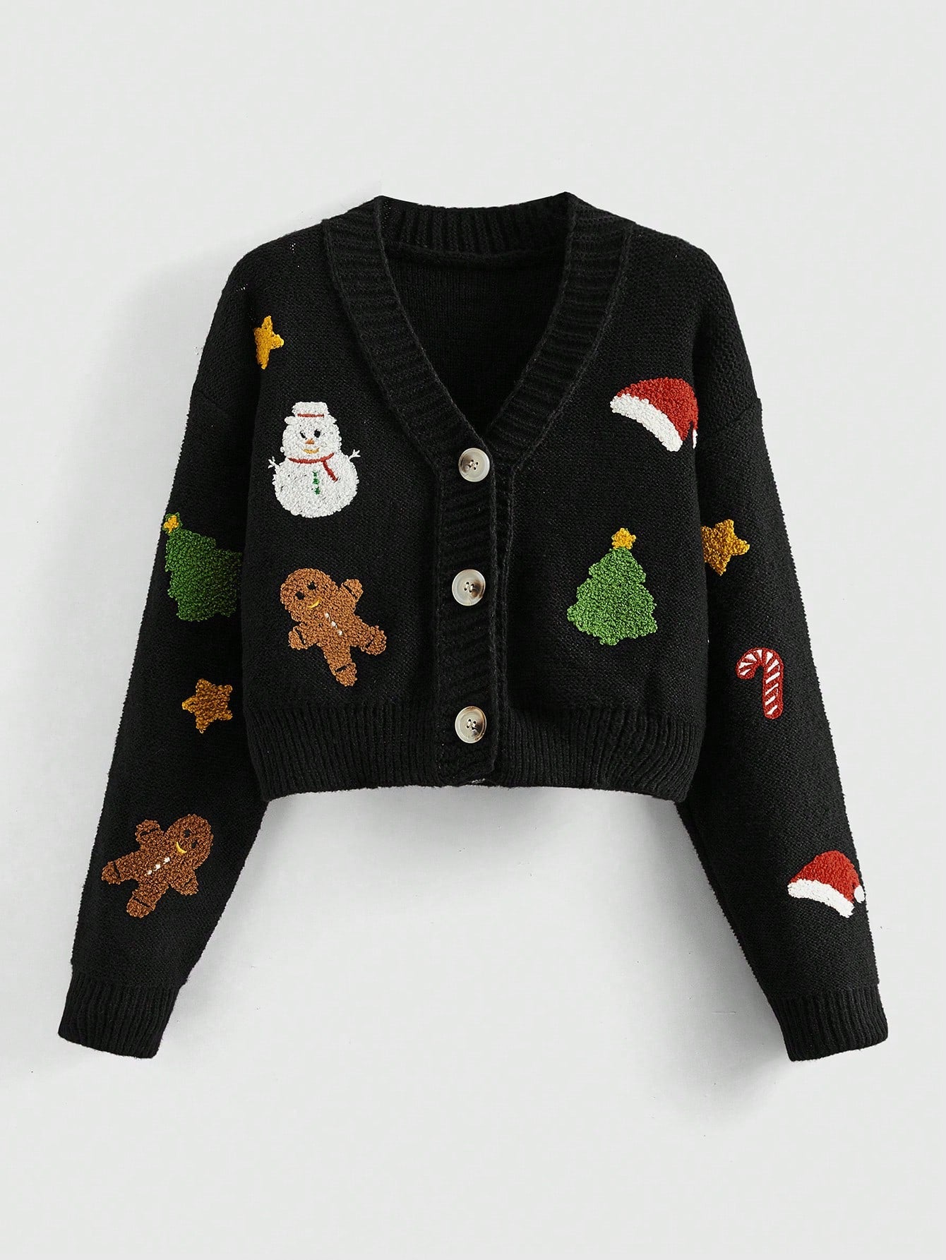 Maryam Alam sombrero de Navidad & árbol & hombre de pan de jengibre patrón con botón Cárdigan Jersey