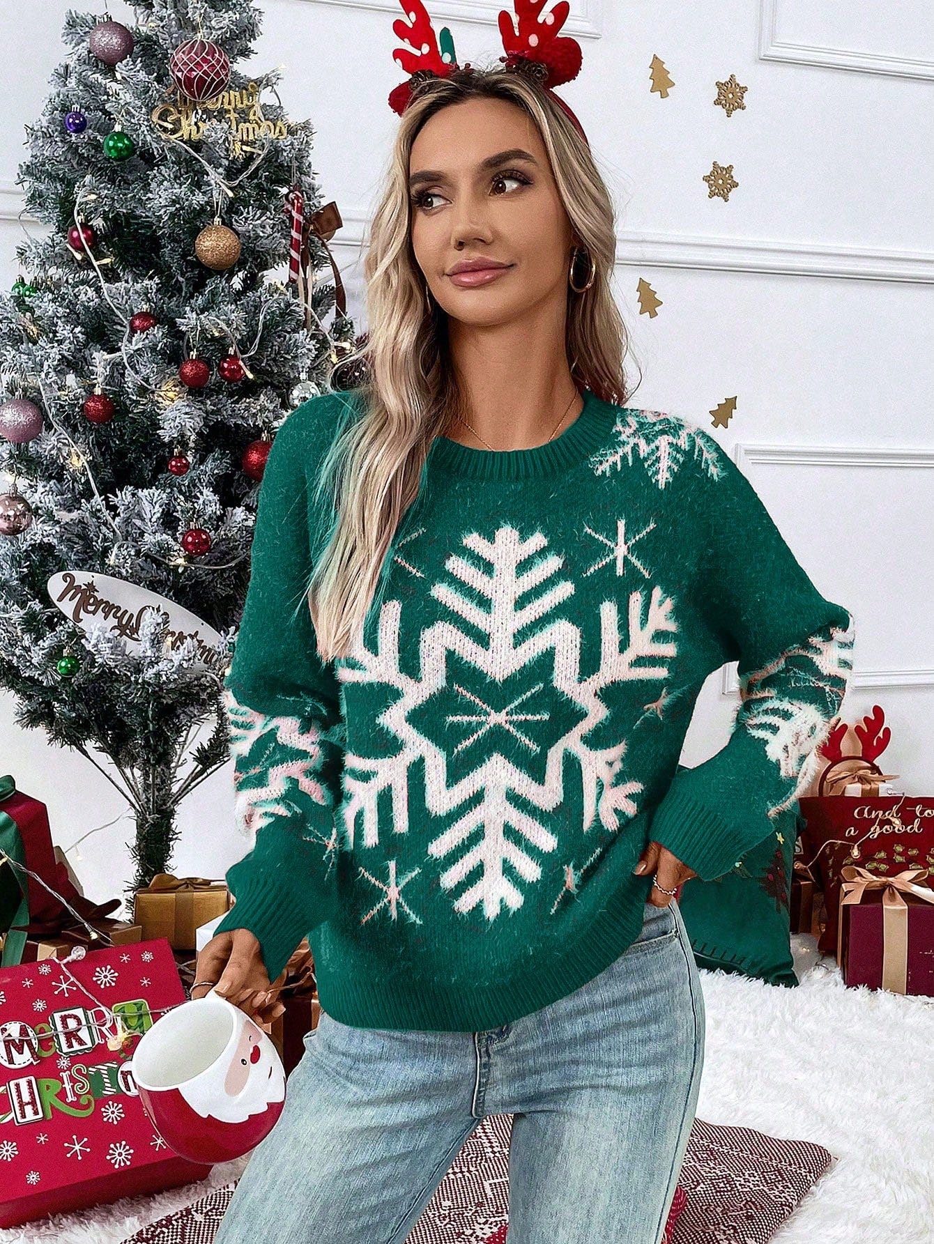 SHEIN LUNE Jersey De Punto Mujer Con Patrón De Copos De Nieve Y Hombros Caídos