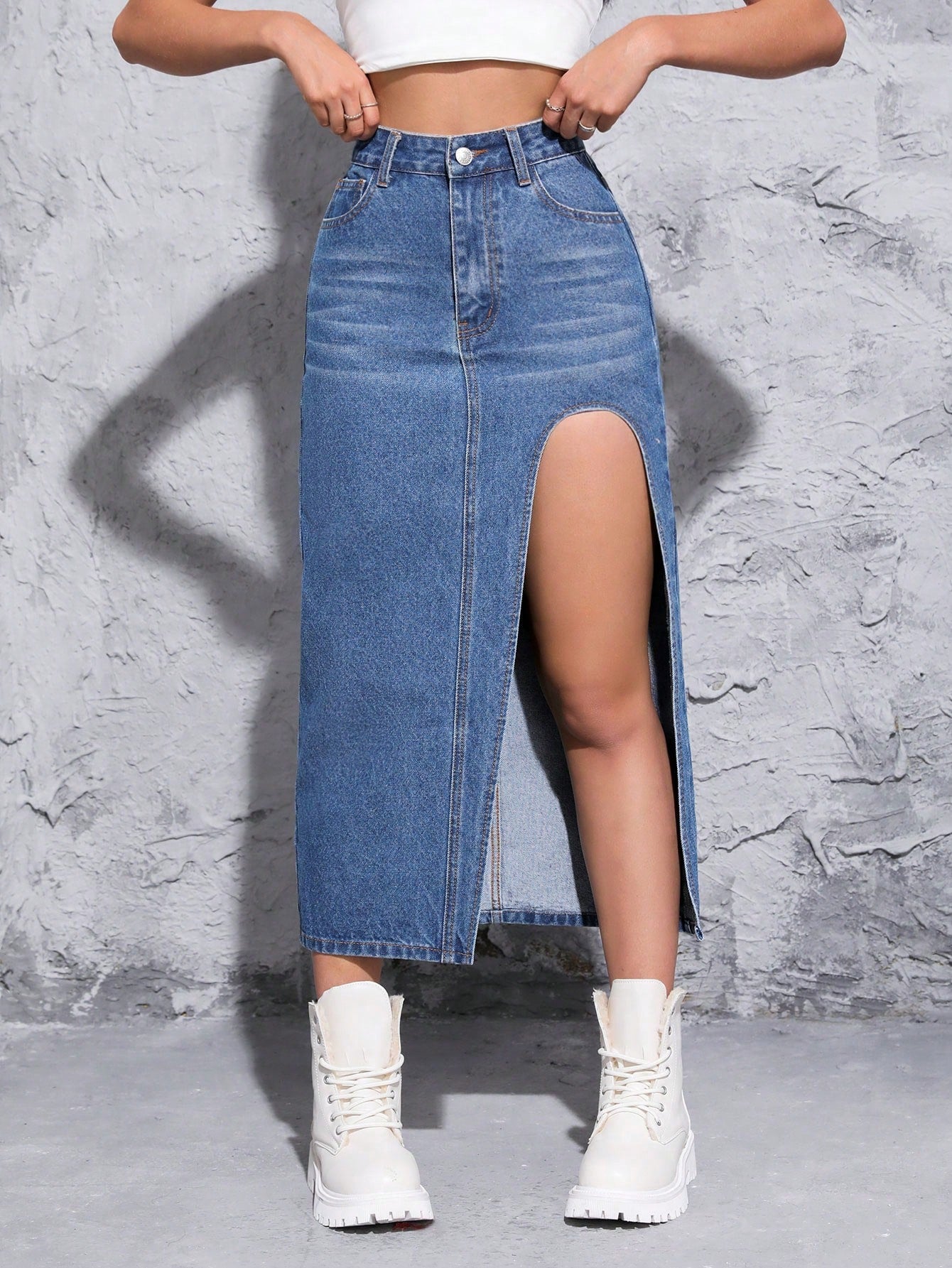 SHEIN PETITE Falda Vaquera Con Dobladillo Dividido Para Mujer