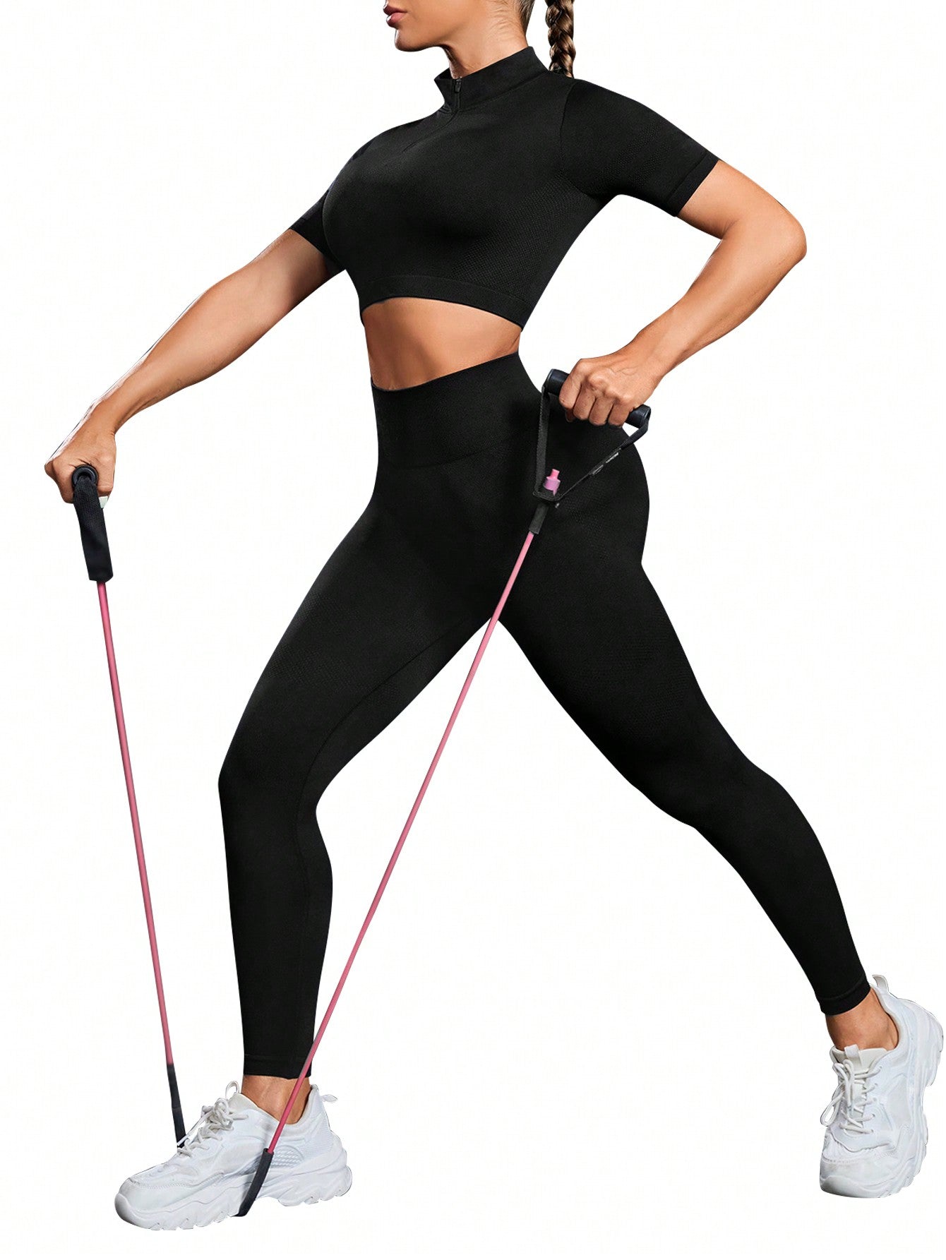 Yoga Basic Conjunto Deportivo Elegante De Top Corto Sin Costuras Con Cremallera Media Abierta Y Leggings