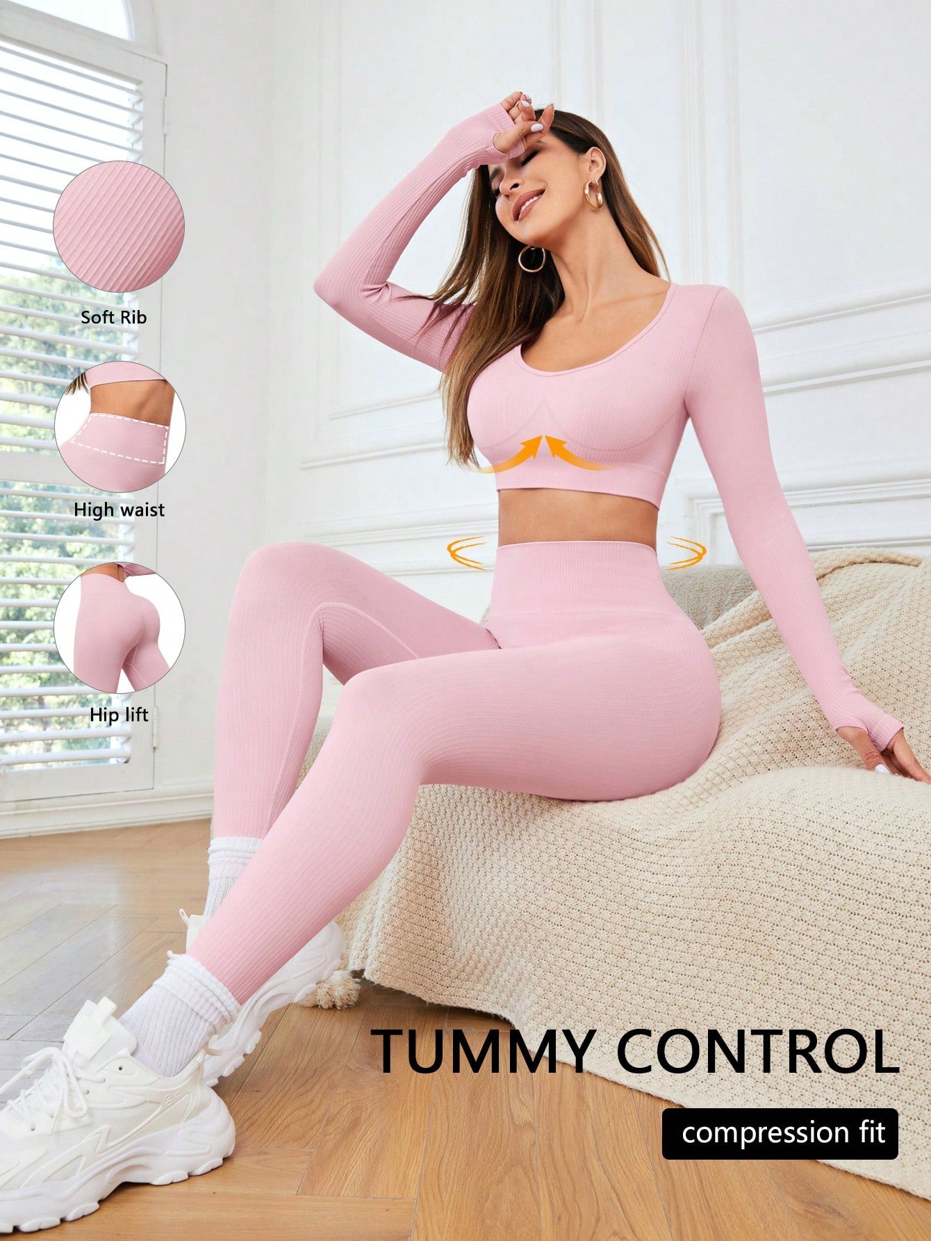 Yoga Basic Conjunto Deportivo De Camiseta De Manga Larga Acortada Y Leggings