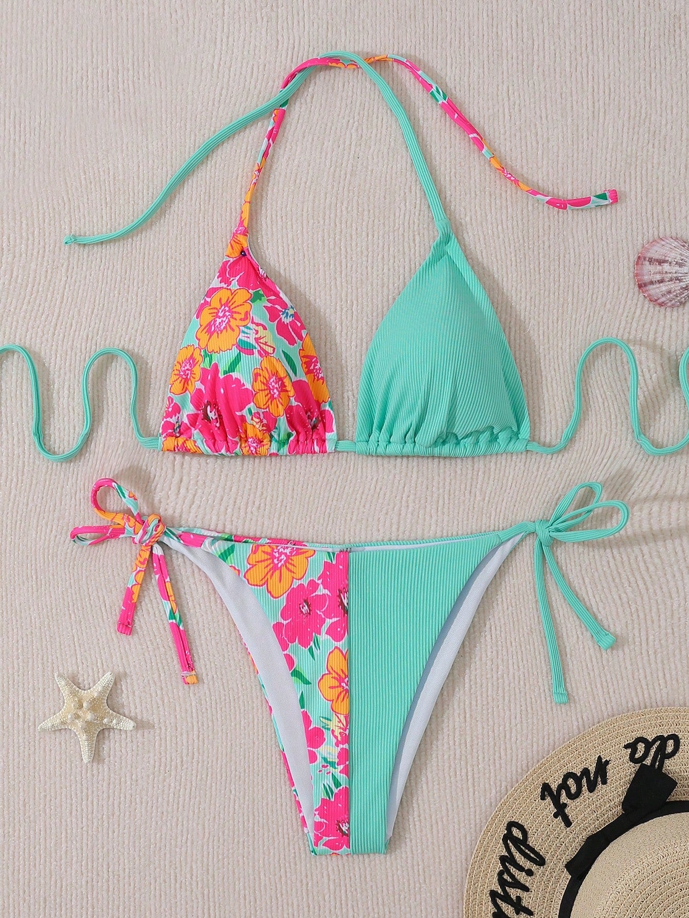 SHEIN Swim Vcay Conjunto De Traje De Baño De Patchwork Con Estampado Floral Para Mujer