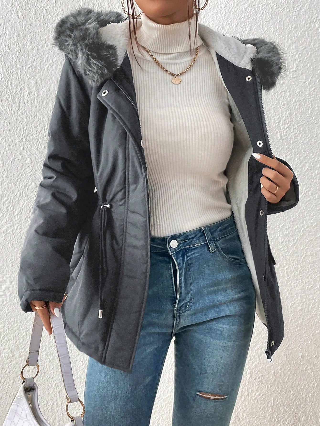 SHEIN Frenchy Chaqueta Acolchada Con Capucha, Cuello Y Cintura Con Cordón