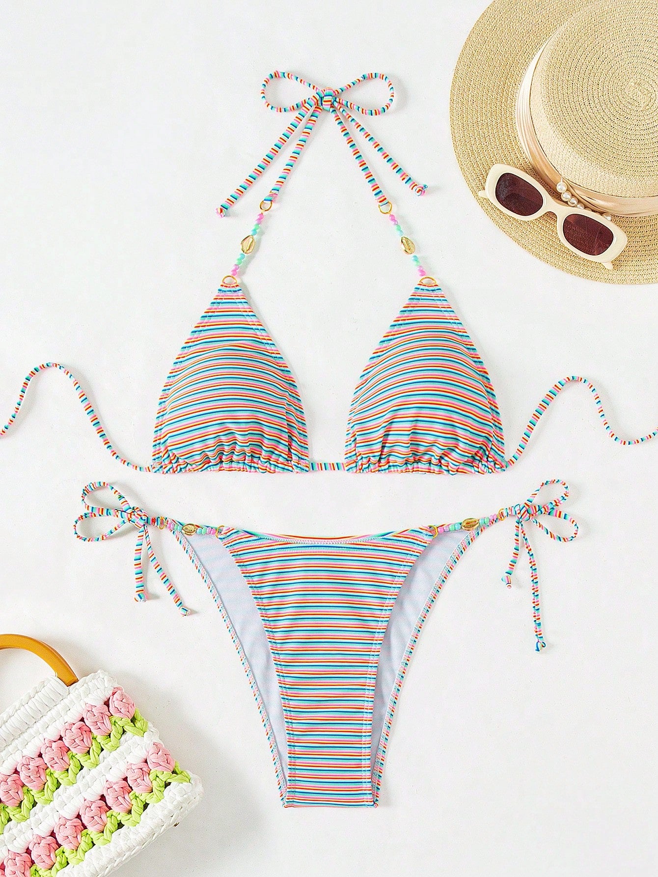 SHEIN Swim Vcay Conjunto De Bañador De Cuello Halter De Rayas Coloridas Para Mujer, Ideal Para El Carnaval