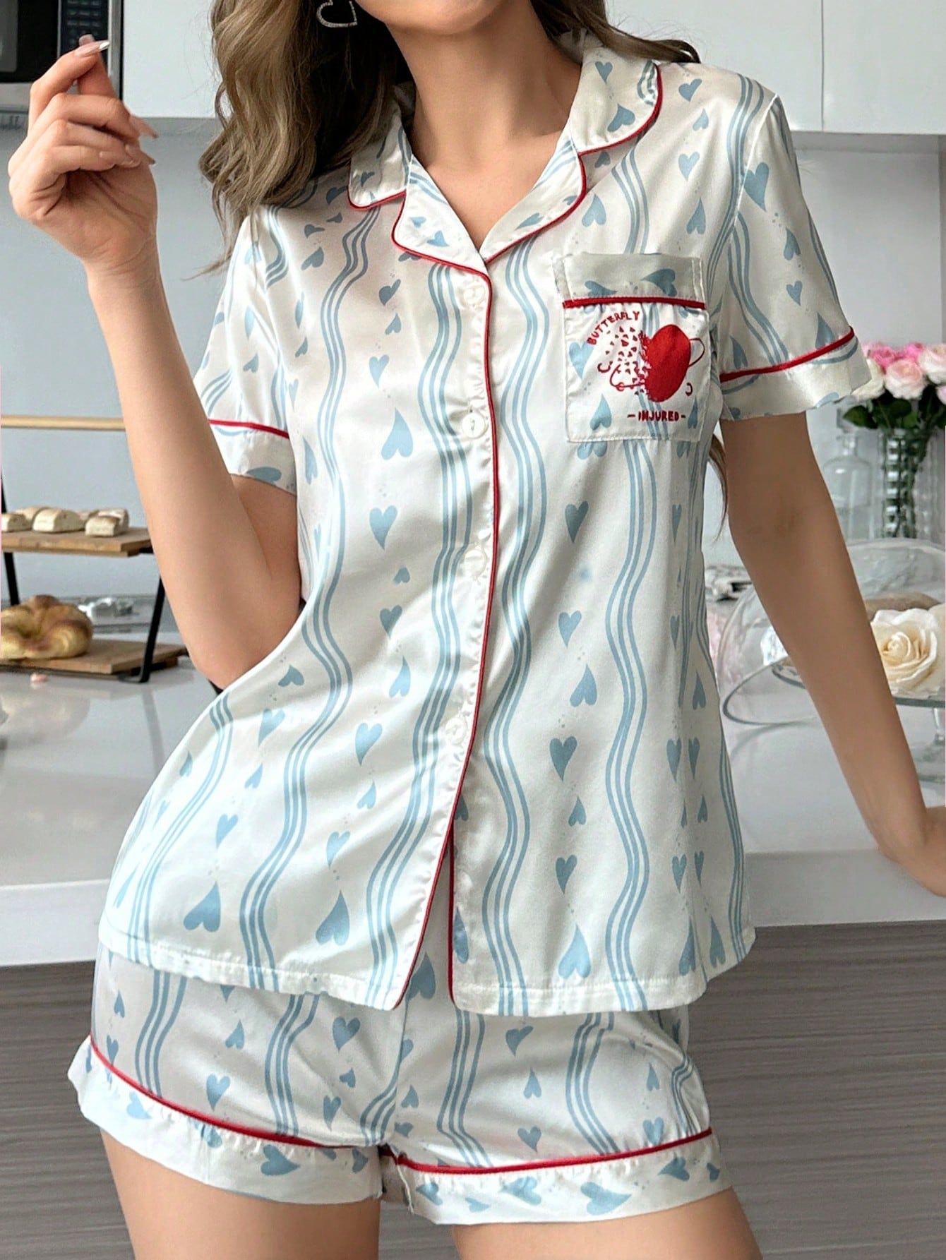 Conjunto De Pijama De Bolsillo Para Mujeres, Diseño De Corazón Y Ribete Contrastante