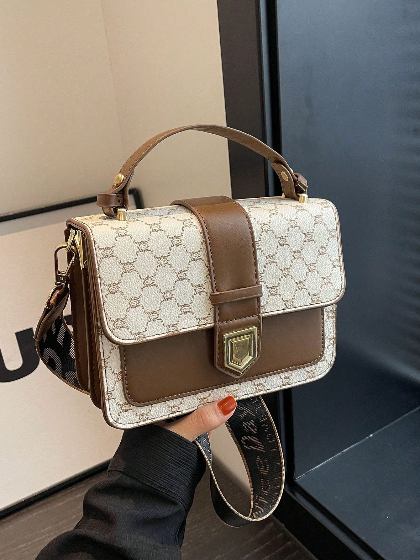 Bolsa Pequeña Cuadrada De Moda Con Diseño De Cuadros Para Mujeres Con Presbicia, Bolsa Doble De Piel Sintética Elegante Con Cierre De Bloqueo Giratorio Y Correa De Hombro Portátil, Elegante Y Versátil, Adecuada Para Uso Diario Y Viajes De Mujeres
