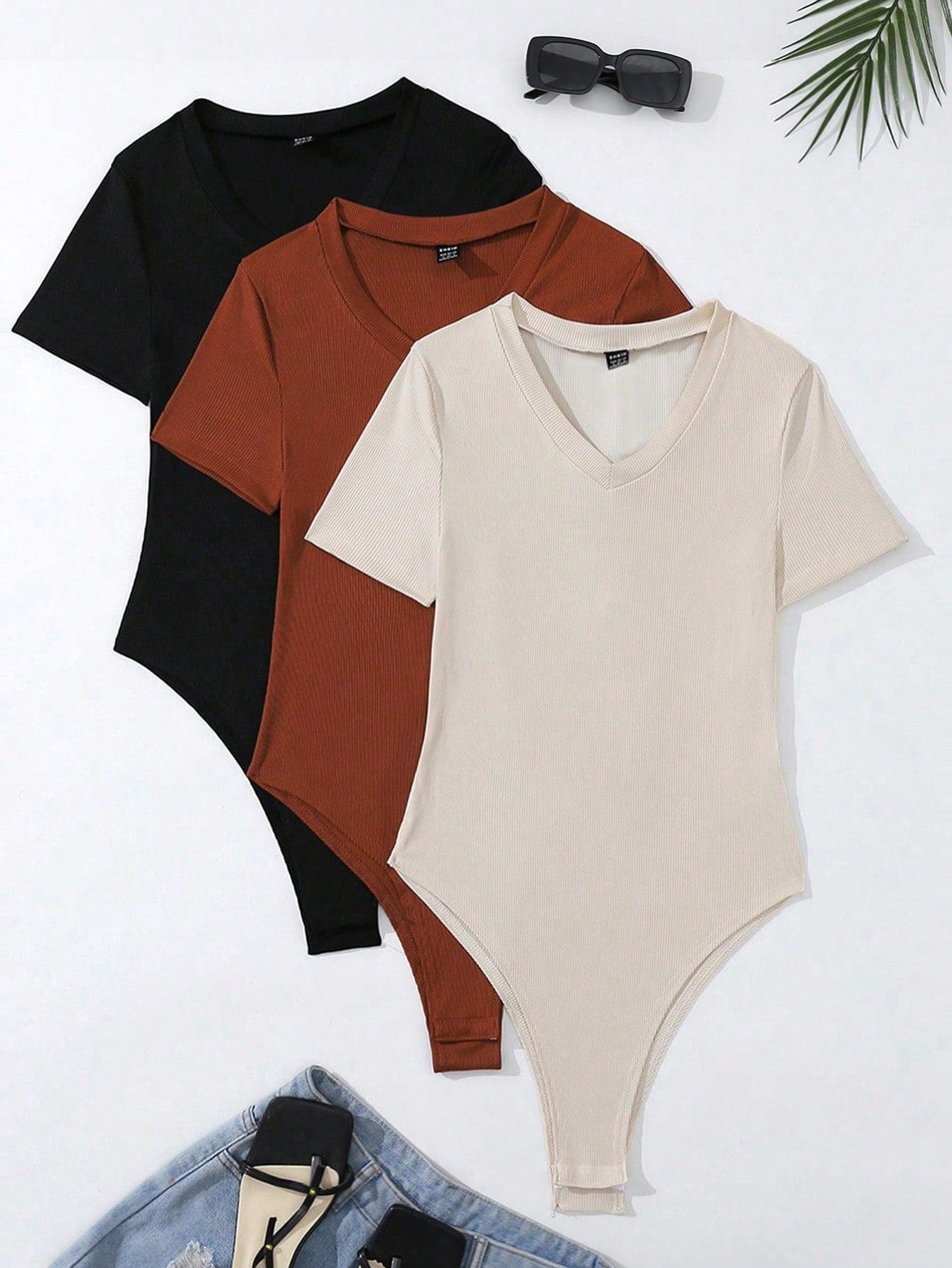 SHEIN EZwear 3 piezas Body unicolor tejido de canalé