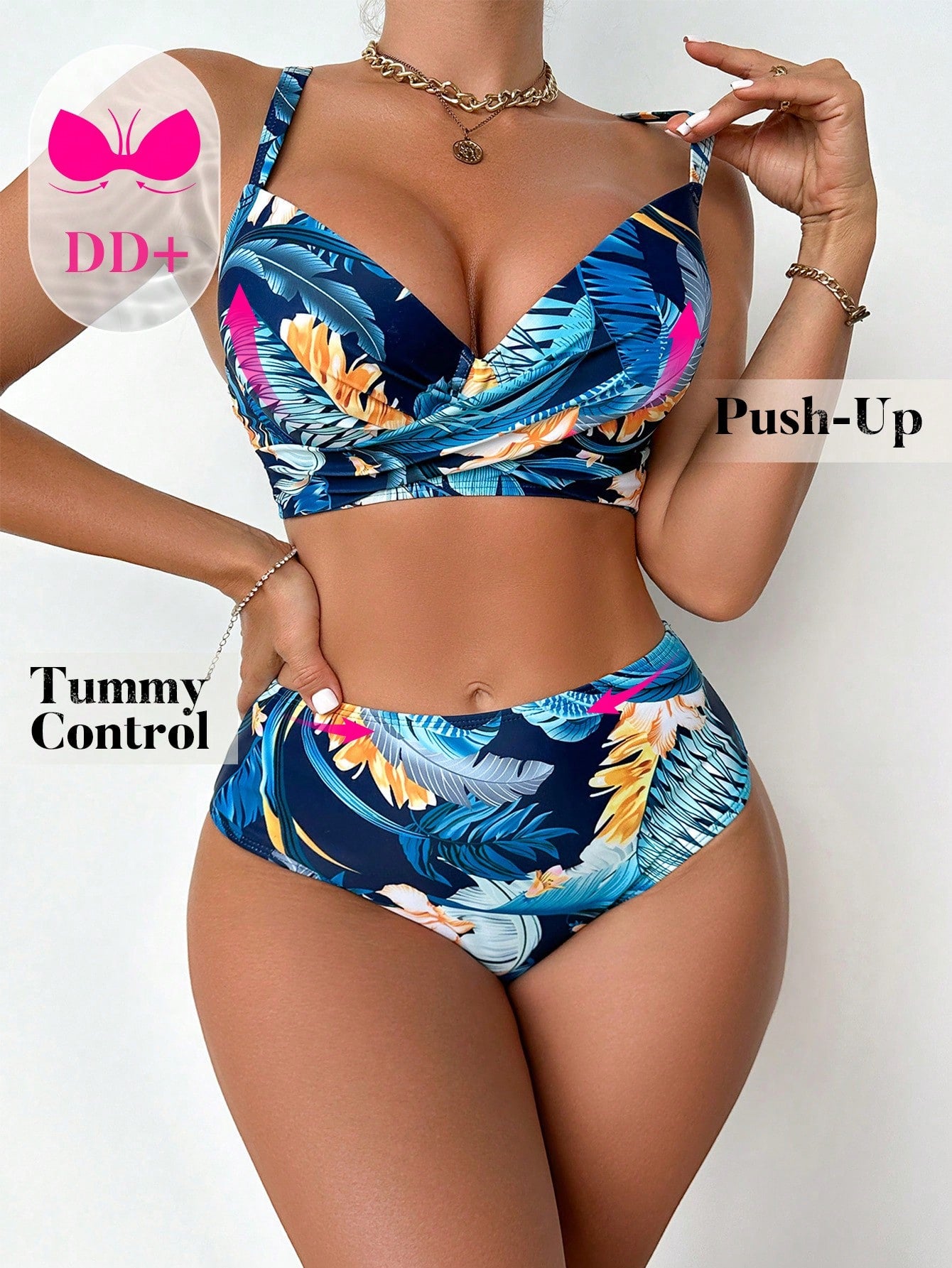SHEIN DD+ Conjunto De Traje De Baño De Bikini Con Estampado Tropical Y Espalda Anudada Para Mujer Carnaval