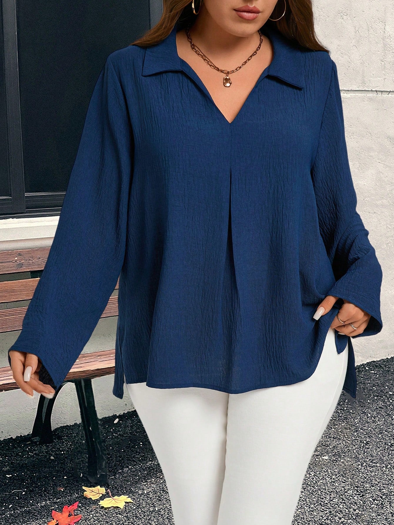 EMERY ROSE Camisa de textura azul informal talla grande, adecuada para el trabajo y el uso diario, ropa de invierno para mujeres