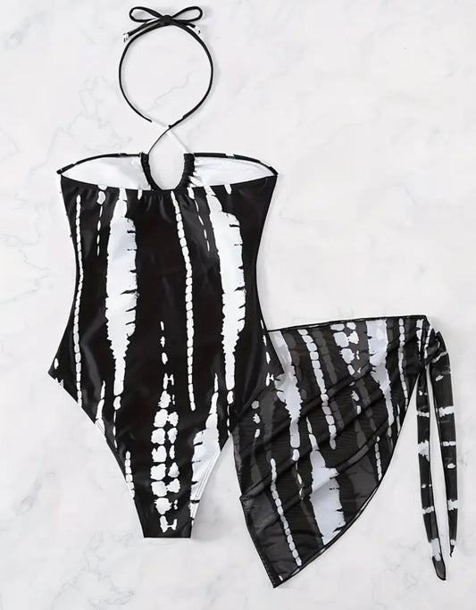 Traje de Baño de Una Pieza para Mujer con Estampado Completo, Almohadillas Extraíbles y Falda con Lazo en los Lados - Mezcla de Poliéster Elástico y No Transparente para Primavera/Verano