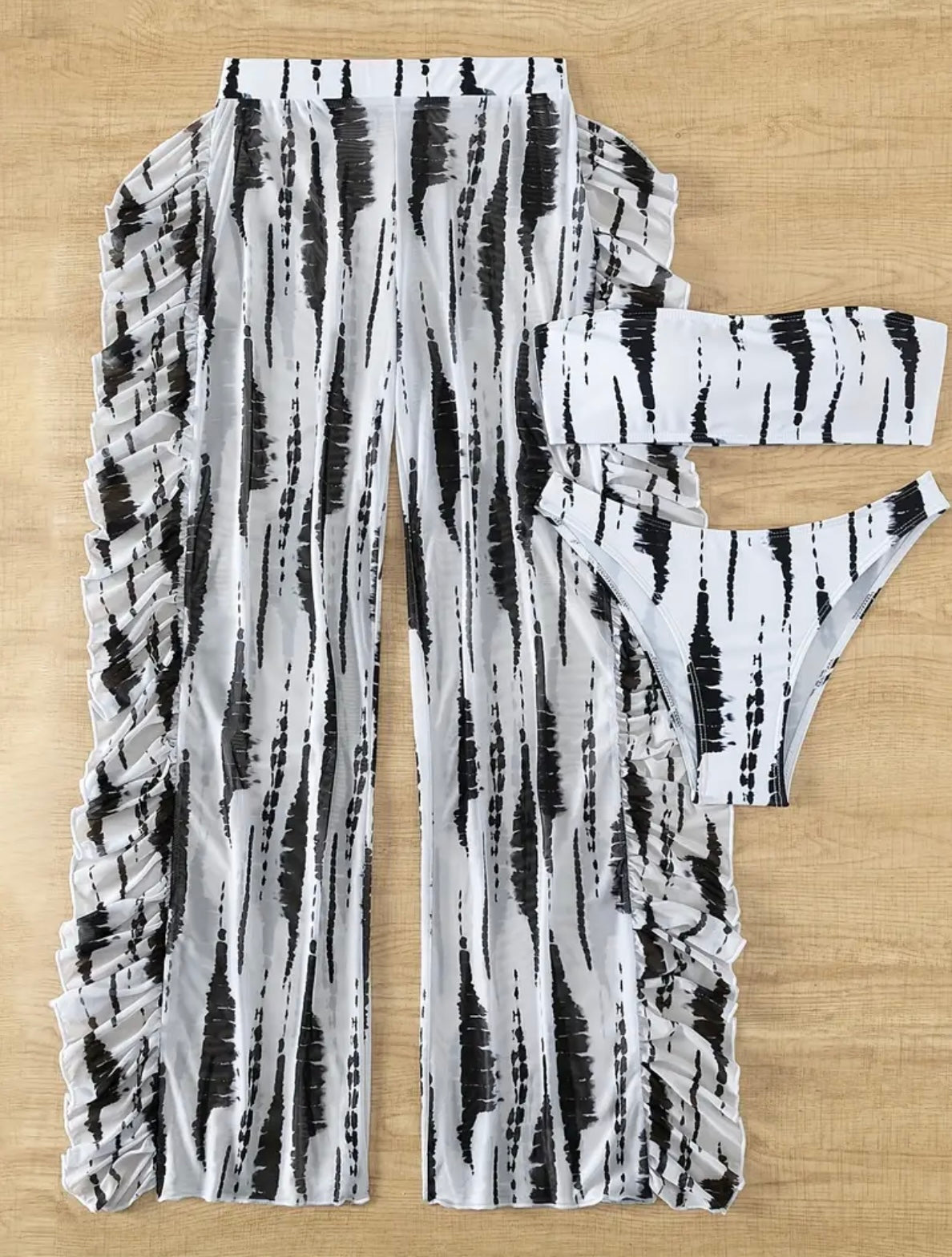 Conjunto de Bikini Tie-Dye Chic para Mujer con Detalle de Volantes - Poliéster/Spandex Elástico, Lavable a Máquina, Traje de Baño de Dos Piezas de Cintura Alta en Negro y Blanco, Conjunto de Bikini de Cintura Alta