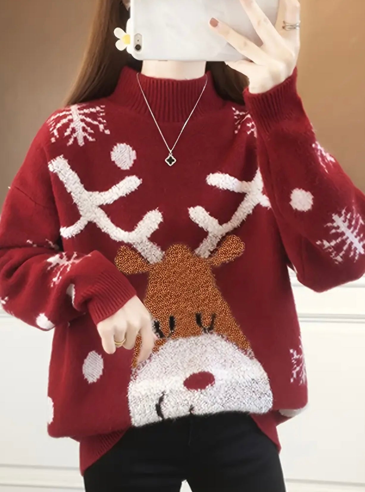 Suéter de Cuello Alto con Reno Navideño para Mujer