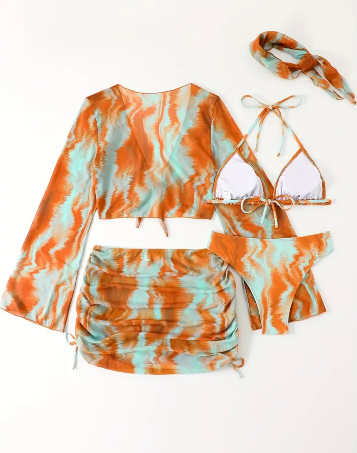 Conjunto de Bikini Estampado para Mujer con Cubierta, Cuello en V y Manga Larga, Tejido de Poliéster y Elastano de Alta Elasticidad, Tejido de Punto - Conjunto de Baño de 5 Piezas