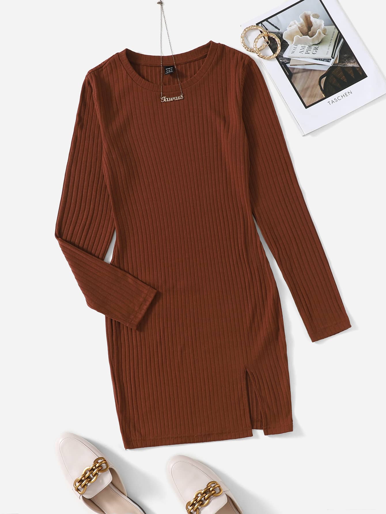 SHEIN Unity Vestido tejido de canalé bajo con abertura