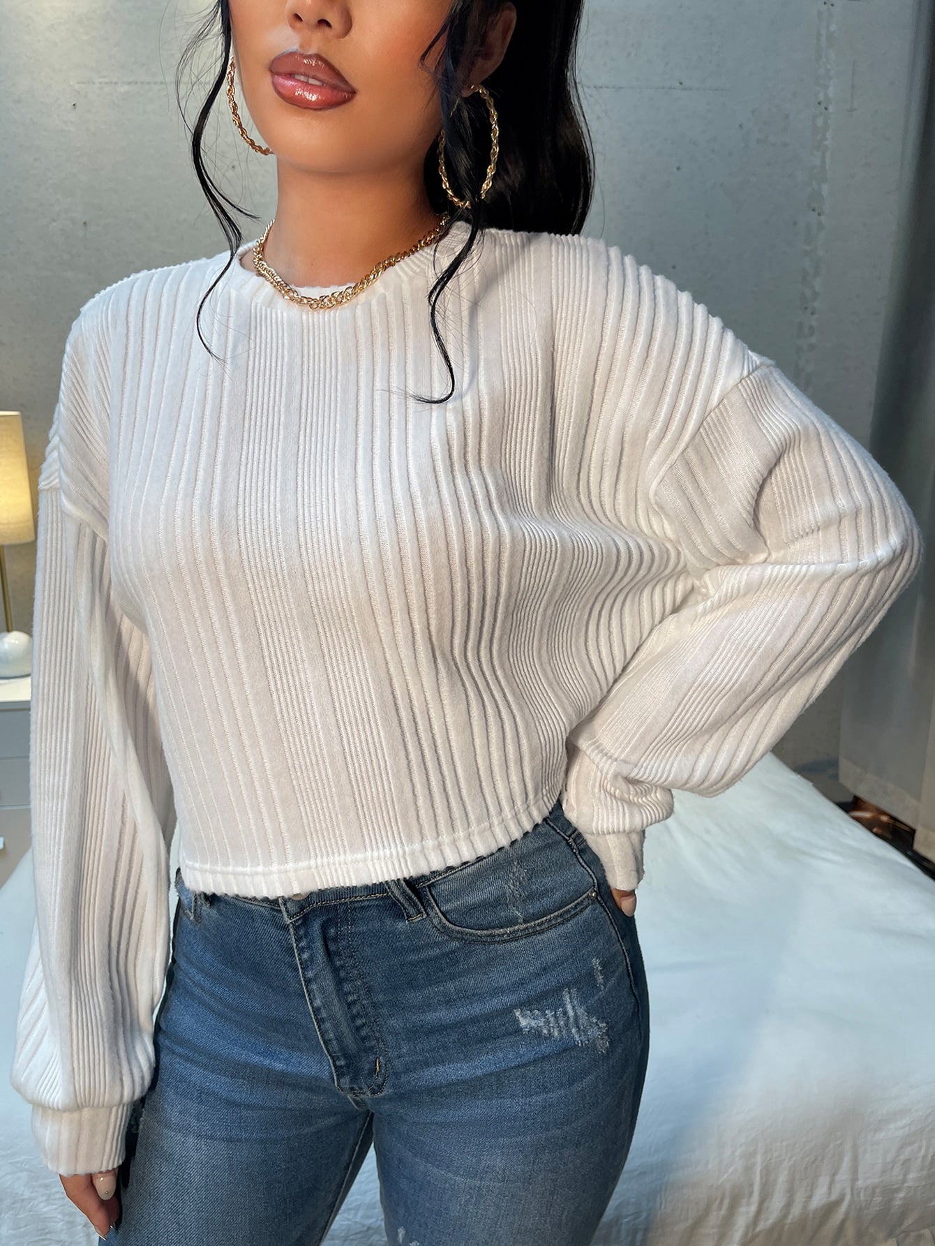 SHEIN Camiseta corta de hombros caídos tejida de canalé