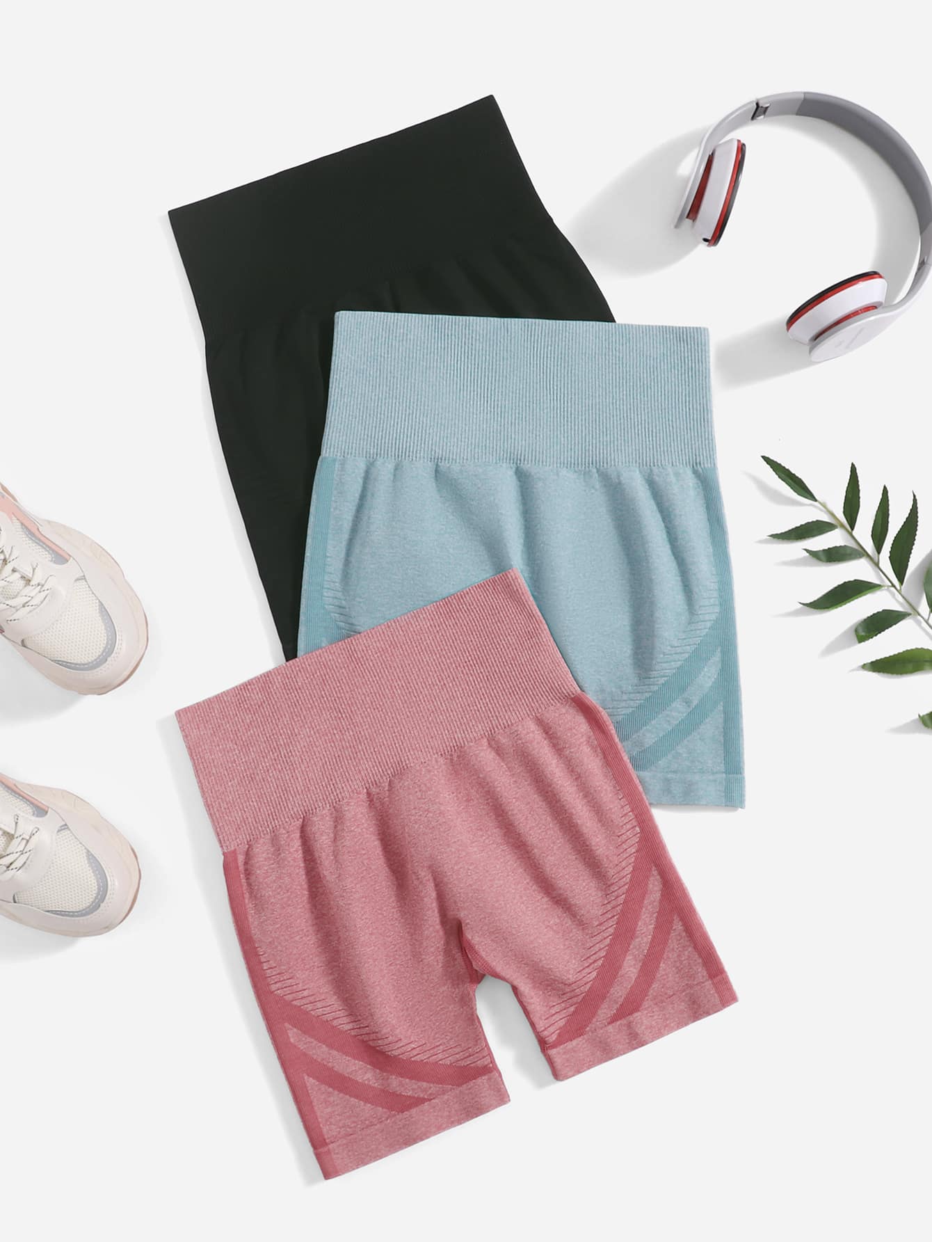3 piezas Shorts deportivos de color combinado tejido de canalé