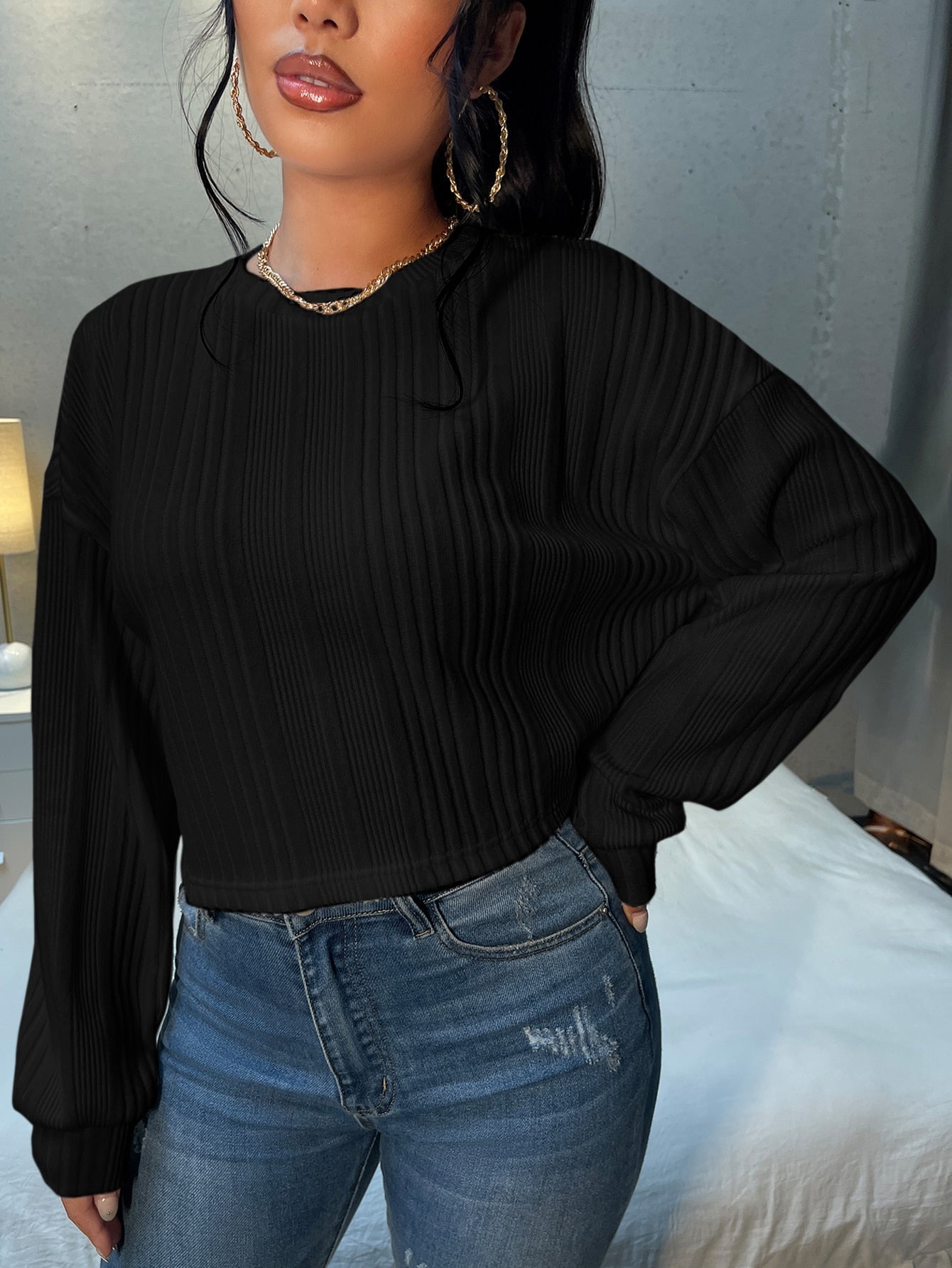 SHEIN Camiseta corta de hombros caídos tejido de canalé
