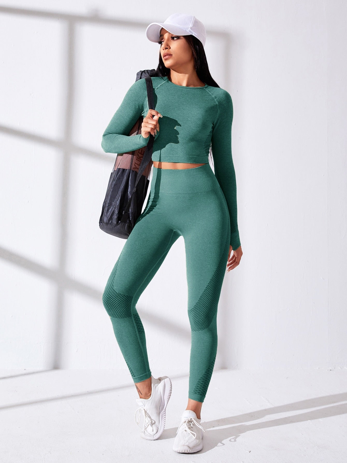 Conjunto de Yoga inconsútil, 2 piezas, traje deportivo con agujeros para los pulgares, Top de costura con mangas raglán, mallas ajustadas a la cadera