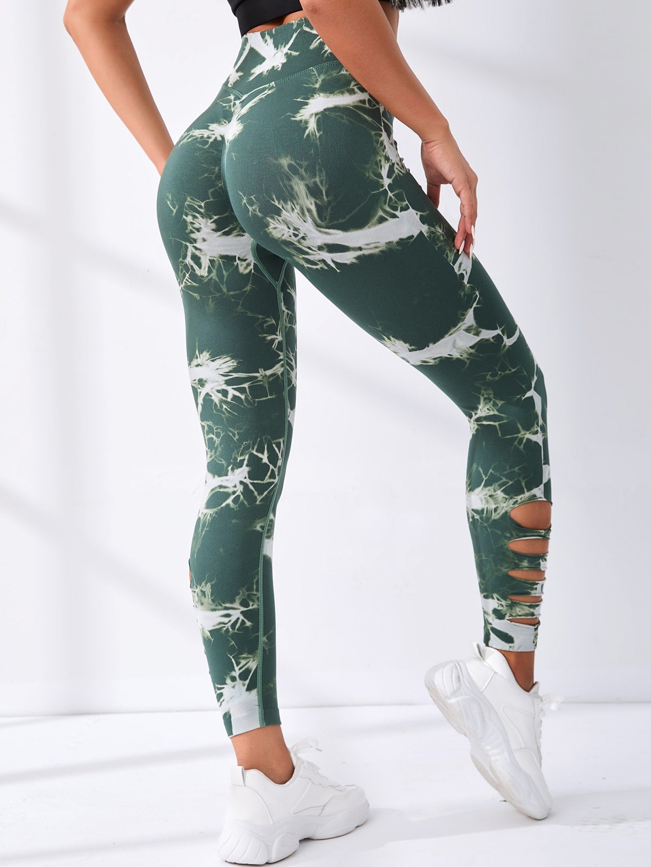 MARSHMELLOW Leggings deportivos de tie dye de escalera de cintura ancha