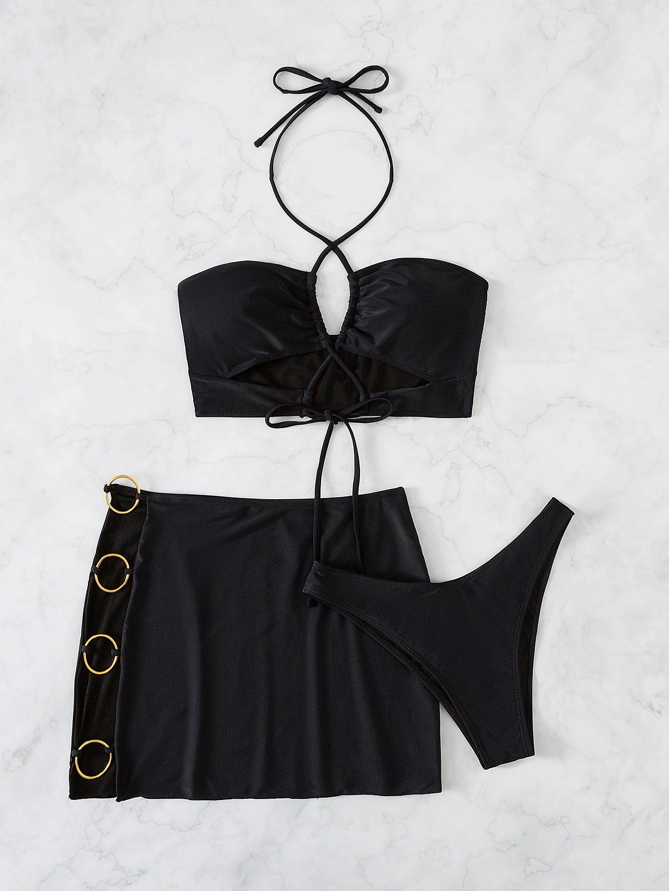 3 piezas con abertura Bañador bikini halter & con aro O Falda de playa