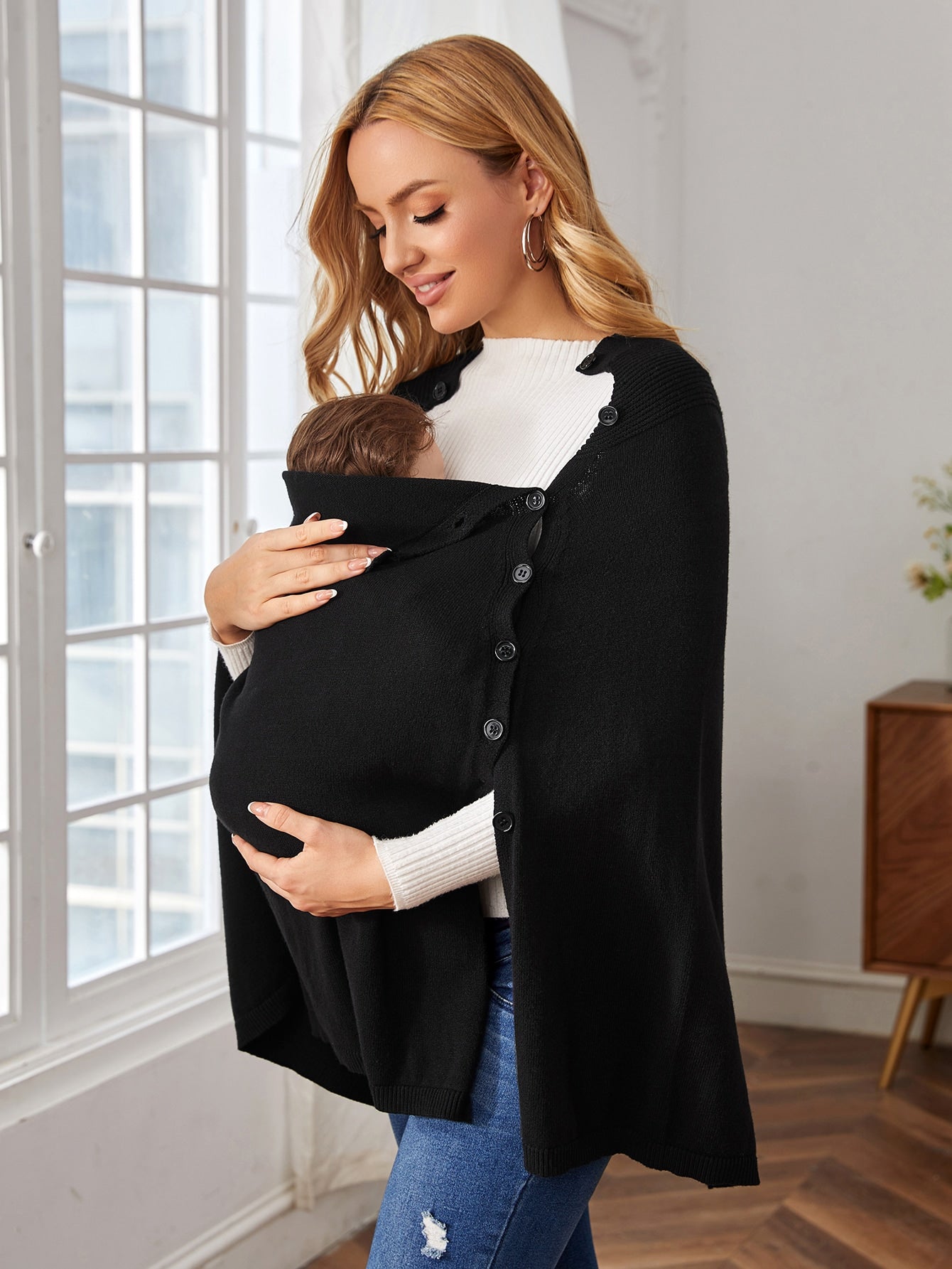 SHEIN Maternidad Poncho con botón delantero de manga capa tejido de canalé
