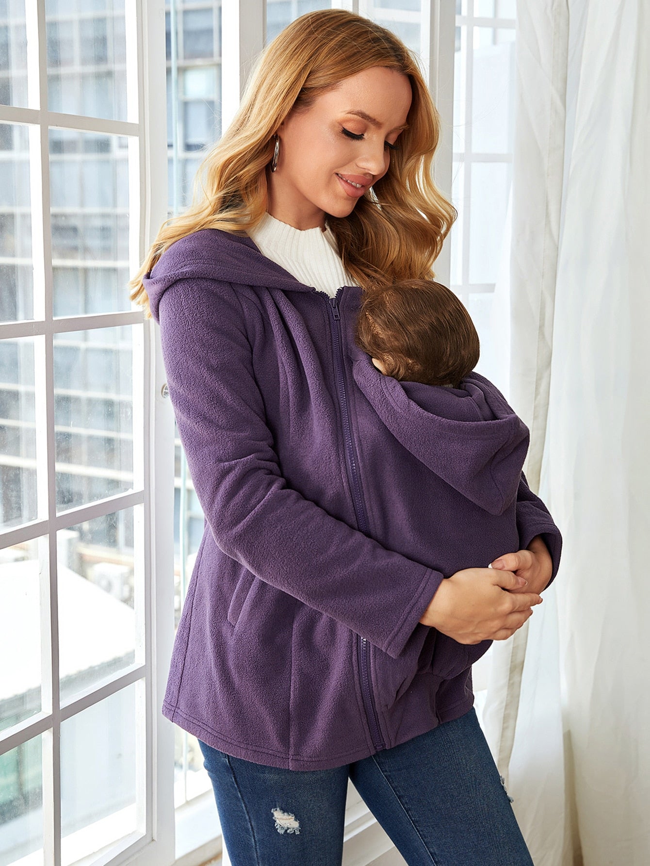 SHEIN Maternidad Abrigo con capucha con cremallera de canguro