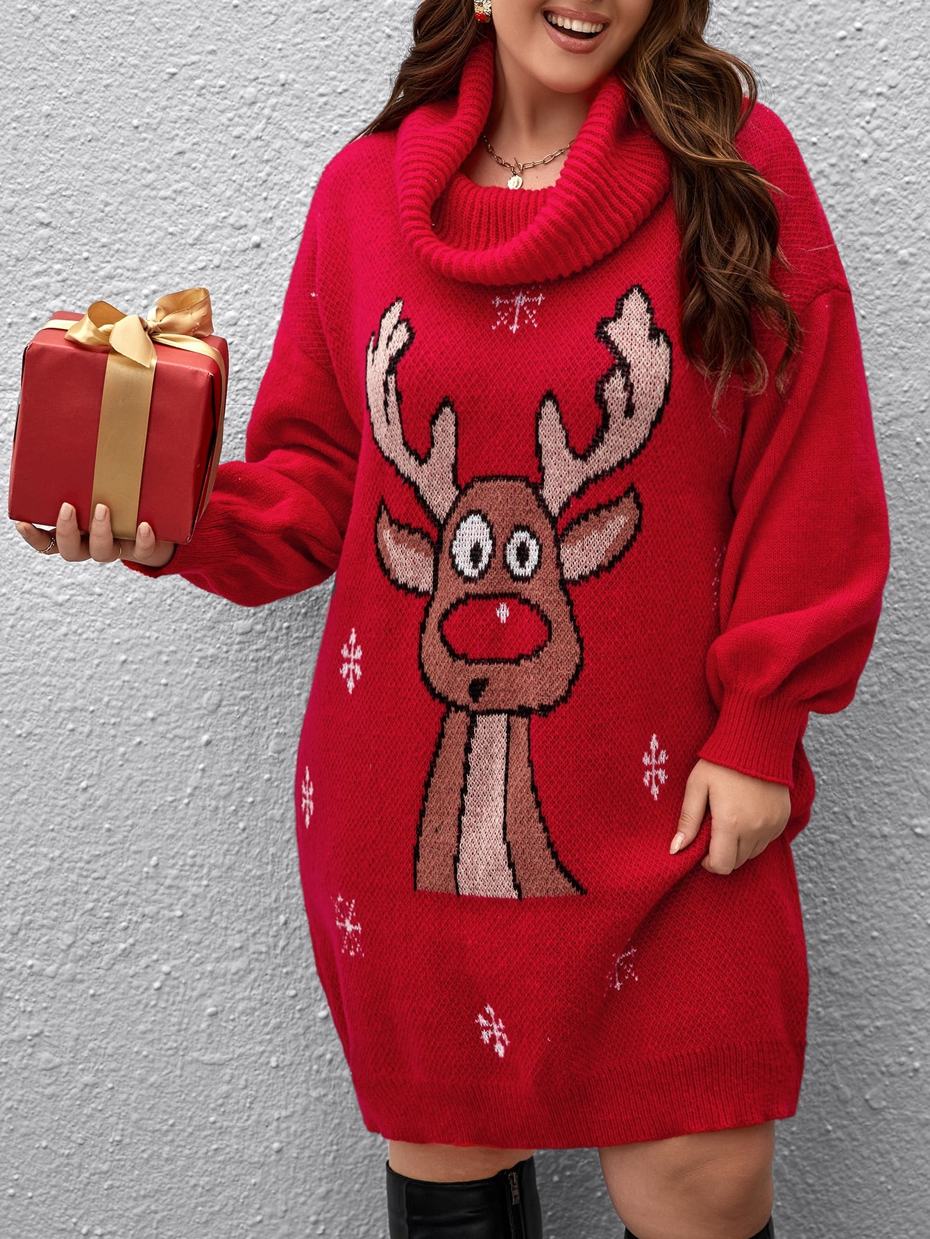 Vestido de punto patrón divertido navidad cuello vuelto de hombros caídos