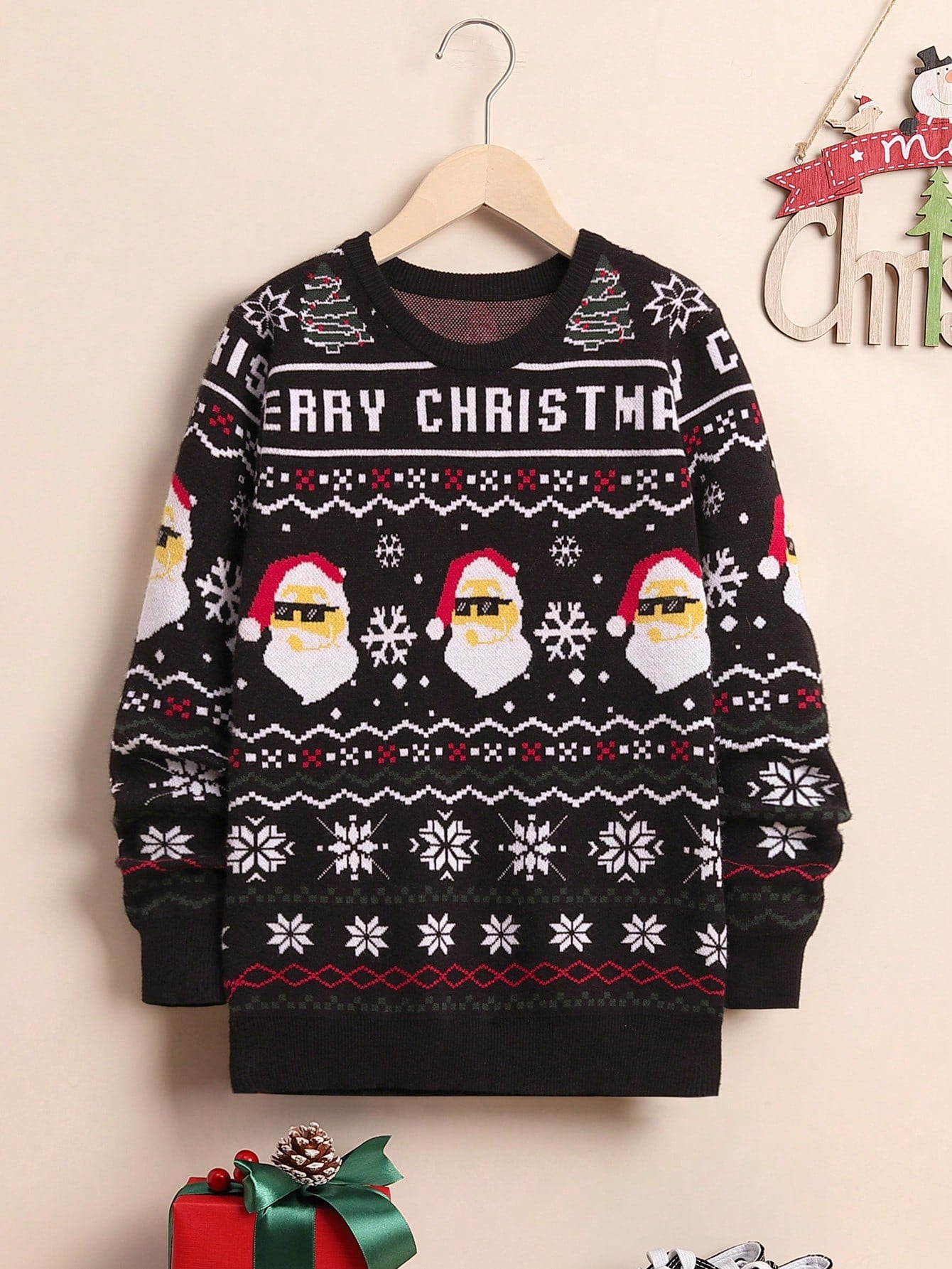 SHEIN Chico preadolescente Jersey Papá Noel de Navidad & con patrón de copo de nieve