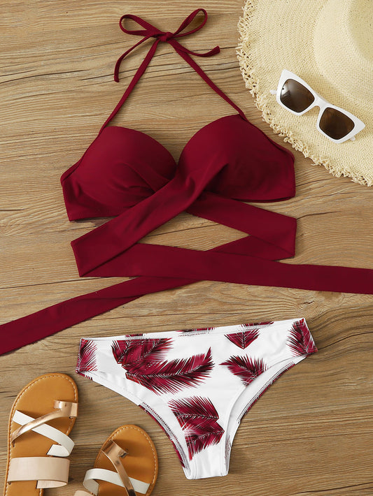 SHEIN Swim Vcay Conjunto de bikini con estampado de hojas Sujetador halter con lazo en la parte delantera y traje de baño de 2 piezas con bottom de talle alto