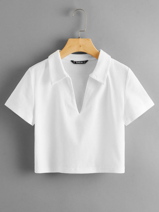 SHEIN Qutie Camiseta tejida de canalé escote V con cuello