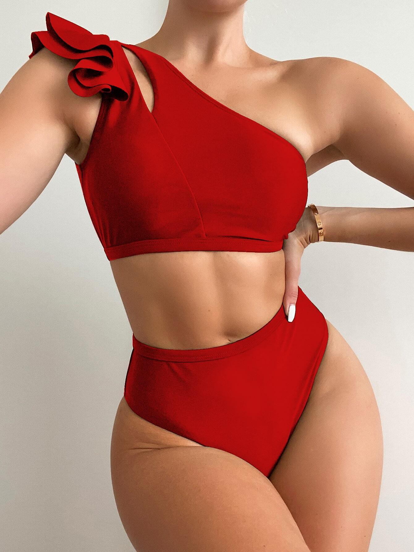 SHEIN Swim Chicsea Bañador bikini ribete con fruncido de un hombro
