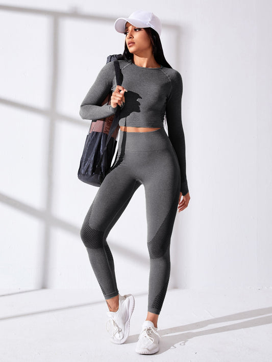 Yoga Basic Conjunto de Yoga inconsútil, 2 piezas, traje deportivo con agujeros para los pulgares, Top de costura con mangas raglán, mallas ajustadas a la cadera