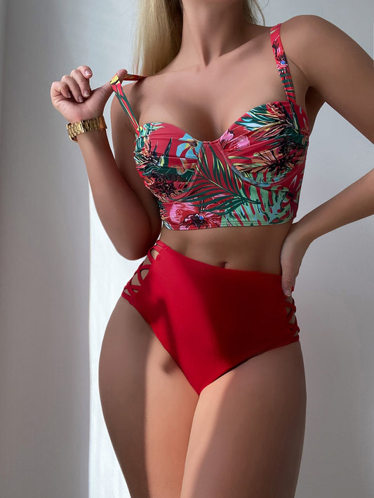 SHEIN Swim Vcay Bañador bikini push up con estampado tropical con tira cruzada