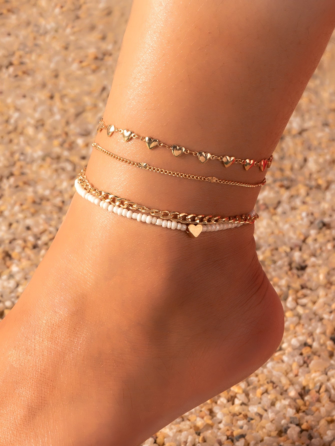 4 piezas Pulsera tobillera cuenta & con adorno de corazón