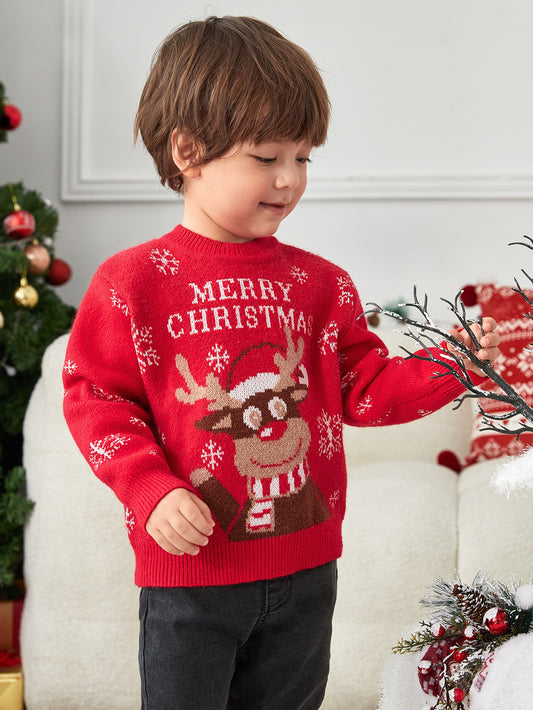 SHEIN Niños 1 pieza Jersey Navidad con slogan & con patrón de alce de hombros caídos